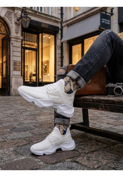 403 Yumuşak Triko Dokulu Yüksek Taban Beyaz Spor Ayakkabı 