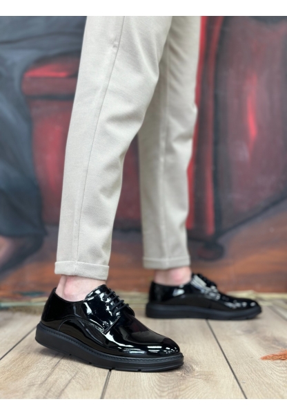 BA0003 Bağcıklı Klasik  Siyah Siyah Taban Rugan Yüksek Taban Casual Erkek Ayakkabı