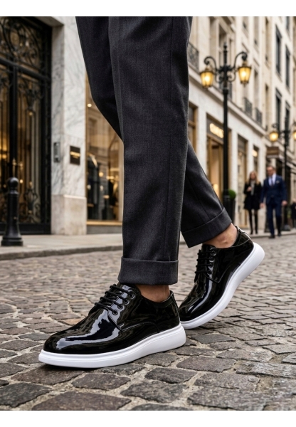 BA0003 Siyah Bağcıklı Rugan Beyaz Taban Erkek Klasik Ayakkabı