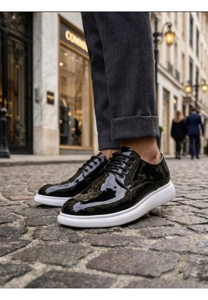 BA0003 Siyah Bağcıklı Rugan Beyaz Taban Erkek Klasik Ayakkabı