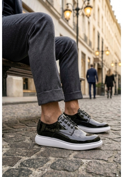 BA0003 Siyah Bağcıklı Rugan Beyaz Taban Erkek Klasik Ayakkabı