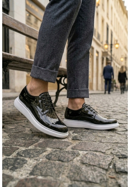 BA0003 Siyah Bağcıklı Rugan Beyaz Taban Erkek Klasik Ayakkabı