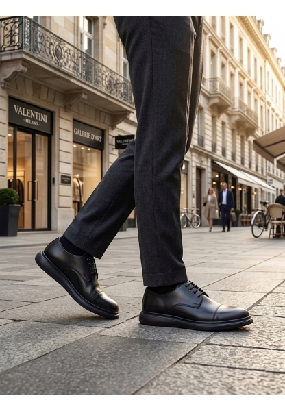 BA0003 Siyah Kapaklı Burun Bağcıklı Erkek Oxford Ayakkabı