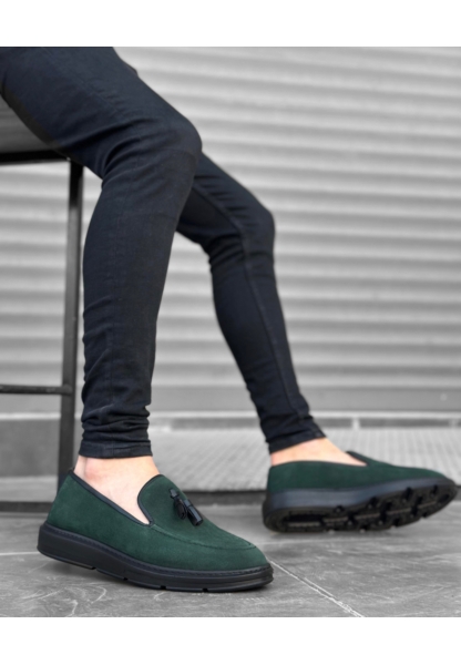 BA0005 Bağcıksız Yüksek Taban Haki Siyah Klasik Süet Püsküllü Corcik Erkek Ayakkabı