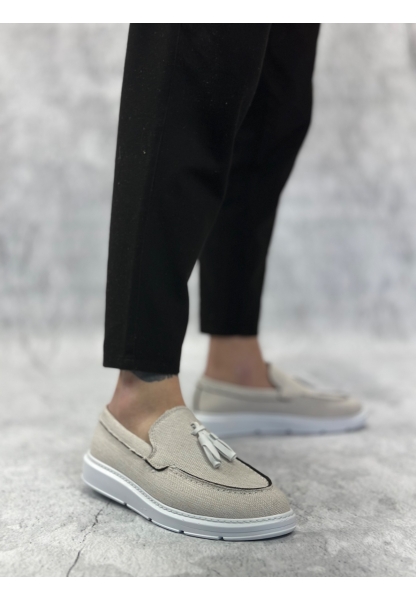 BA0005 Bağcıksız Yüksek Taban Klasik Keten Beyaz Püsküllü Erkek Ayakkabı