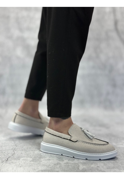 BA0005 Bağcıksız Yüksek Taban Klasik Keten Beyaz Püsküllü Erkek Ayakkabı