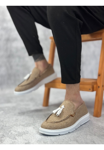 BA0005 Bağcıksız Yüksek Taban Klasik Keten Hardal Püsküllü Erkek Ayakkabı