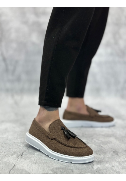 BA0005 Bağcıksız Yüksek Taban Klasik Keten Kahverengi Püsküllü Erkek Ayakkabı
