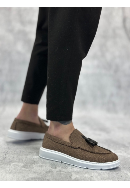 BA0005 Bağcıksız Yüksek Taban Klasik Keten Kahverengi Püsküllü Erkek Ayakkabı