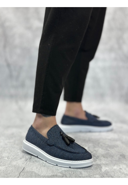 BA0005 Bağcıksız Yüksek Taban Klasik Keten Lacivert Püsküllü Erkek Ayakkabı
