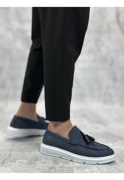 BA0005 Bağcıksız Yüksek Taban Klasik Keten Lacivert Püsküllü Erkek Ayakkabı