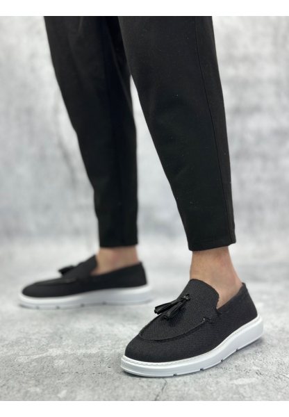 BA0005 Bağcıksız Yüksek Taban Klasik Keten Siyah Püsküllü Erkek Ayakkabı