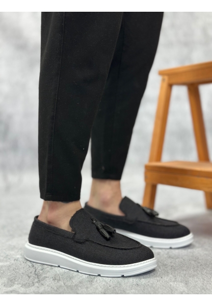 BA0005 Bağcıksız Yüksek Taban Klasik Keten Siyah Püsküllü Erkek Ayakkabı