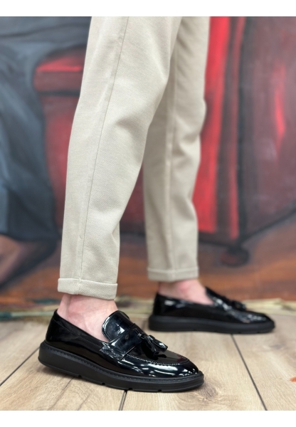 BA0005 Bağcıksız Yüksek Taban Klasik Rugan Kemerli Püsküllü Erkek Ayakkabı