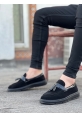 BA0005 Bağcıksız Yüksek Taban Klasik Siyah Süet Parlak Kuşaklı Püsküllü Erkek Ayakkabı