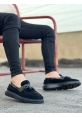 BA0005 Bağcıksız Yüksek Taban Klasik Siyah Süet Parlak Kuşaklı Püsküllü Erkek Ayakkabı