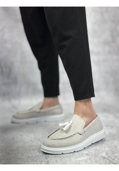 BA0005 Bağcıksız Yüksek Taban Klasik Yeni Keten Gri Püsküllü Erkek Ayakkabı