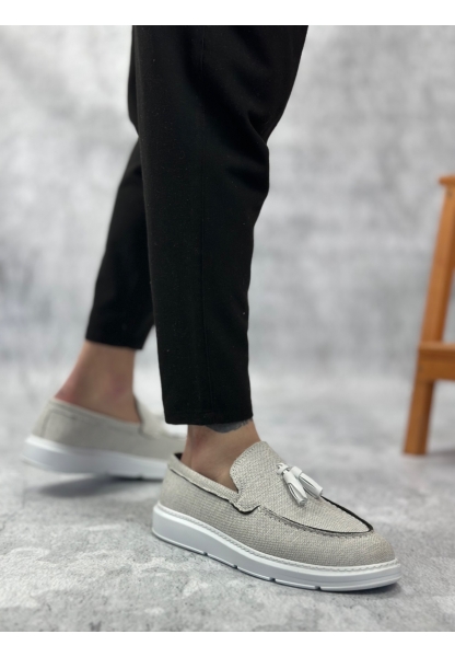 BA0005 Bağcıksız Yüksek Taban Klasik Yeni Keten Gri Püsküllü Erkek Ayakkabı
