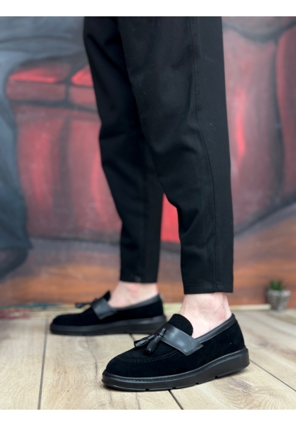 BA0005 Bağcıksız Yüksek Taban Siyah Kemerli Klasik Püsküllü Corcik Erkek Ayakkabı