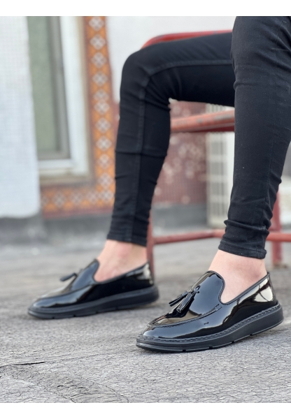 BA0005 Bağcıksız Yüksek Taban Siyah Rugan Klasik Püsküllü Corcik Erkek Ayakkabısı