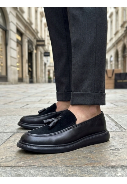 BA0005 Yeni Sezon Kalın Tabanlı Siyah Süet Makosen Ayakkabı