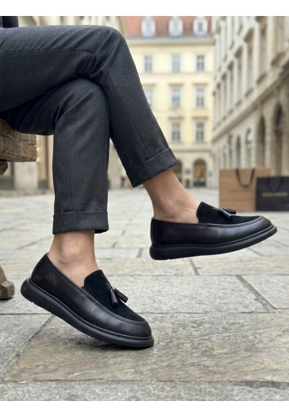 BA0005 Yeni Sezon Kalın Tabanlı Siyah Süet Makosen Ayakkabı