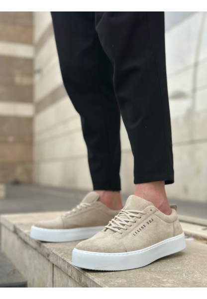 BA0104 Bağcıklı Krem Süet Beyaz Taban Spor Klasik Erkek Ayakkabı
