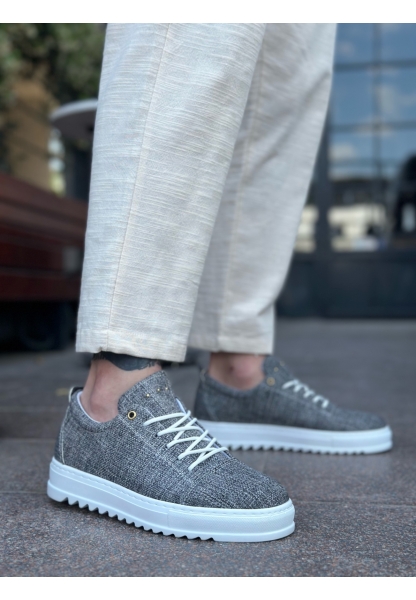 BA0152 Bağcıklı Yüksek Taban Gri Kırçıllı Keten Erkek Ayakkabı