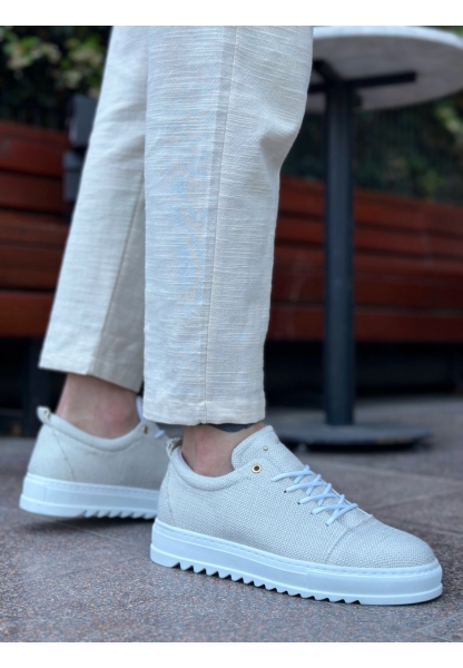 BA0152 Bağcıklı Yüksek Taban Krem Keten Erkek Ayakkabı