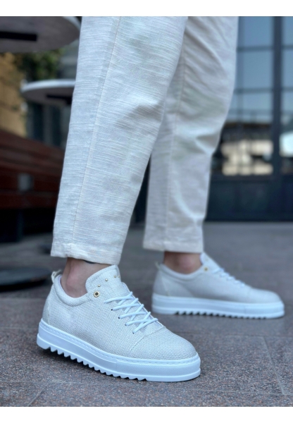 BA0152 Bağcıklı Yüksek Taban Krem Keten Erkek Ayakkabı