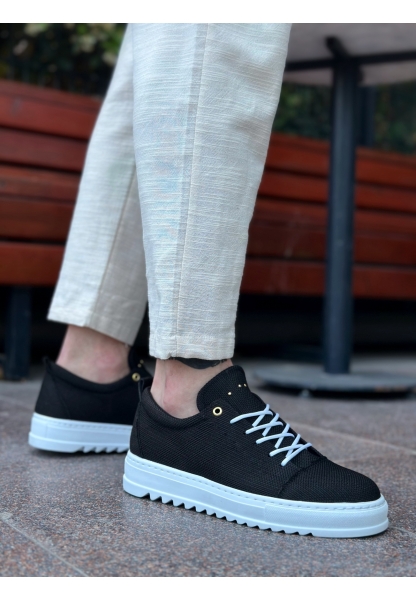 BA0152 Bağcıklı Yüksek Taban Siyah Keten Erkek Ayakkabı