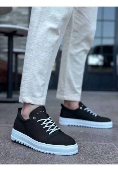 BA0152 Bağcıklı Yüksek Taban Siyah Keten Erkek Ayakkabı