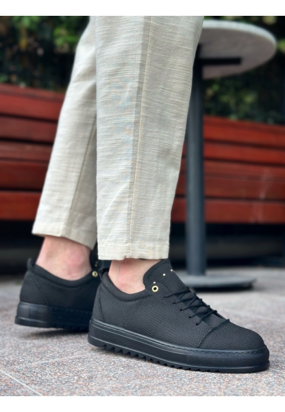 BA0152 Bağcıklı Yüksek Taban Siyah Keten Siyah Taban Erkek Ayakkabı