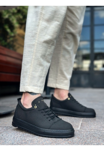 BA0152 Bağcıklı Yüksek Taban Siyah Keten Siyah Taban Erkek Ayakkabı