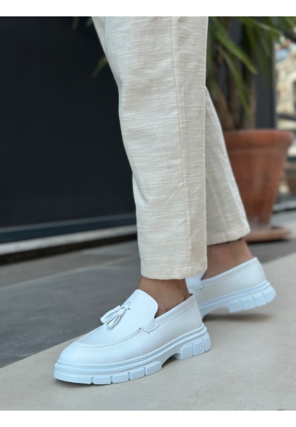 BA0240 Yüksek Taban Klasik Parlak Püsküllü Beyaz Erkek Ayakkabı	