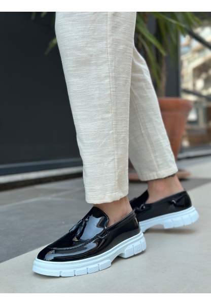 BA0240 Yüksek Taban Klasik Parlak Püsküllü Rugan Siyah Erkek Ayakkabı	