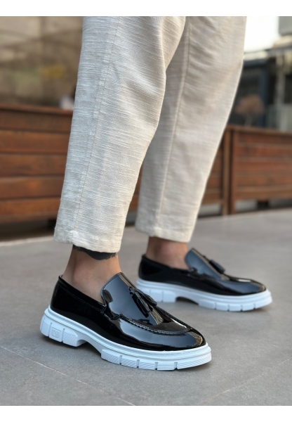 BA0240 Yüksek Taban Klasik Parlak Püsküllü Rugan Siyah Erkek Ayakkabı	