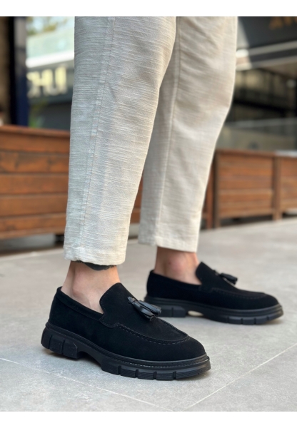 BA0240 Yüksek Taban Klasik Parlak Püsküllü Süet Siyah Erkek Ayakkabı	