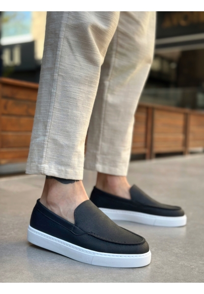 BA0241 Bağcıksız Yüksek Taban Siyah Beyaz Taban Cilt Erkek Ayakkabı