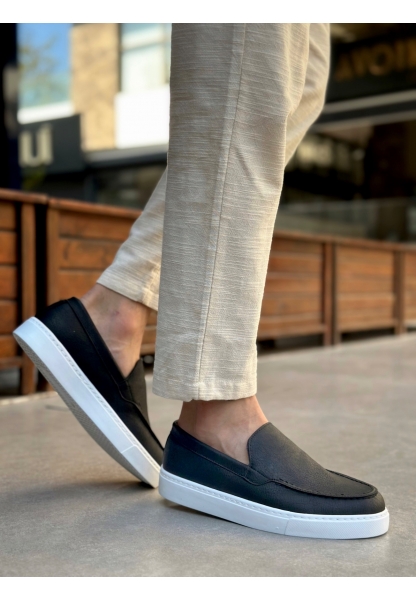 BA0241 Bağcıksız Yüksek Taban Siyah Beyaz Taban Cilt Erkek Ayakkabı