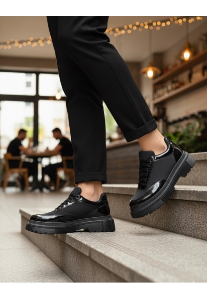 BA0243 Bağcıklı Rugan Paraşüt Detaylı Yüksek Siyah Taban Erkek Ayakkabı