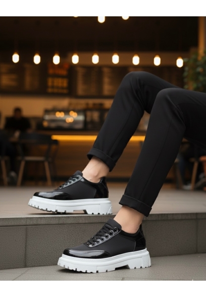 BA0243 Bağcıklı Rugan Paraşüt Detaylı Yüksek Taban Siyah Erkek Ayakkabı