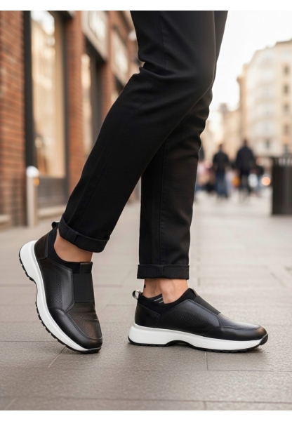 BA0244 İçi Dışı Hakiki Deri Bantlı Rahat Taban Casual Siyah Erkek Ayakkabı