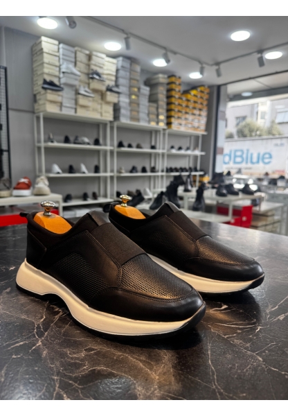 BA0244 İçi Dışı Hakiki Deri Bantlı Rahat Taban Casual Siyah Erkek Ayakkabı