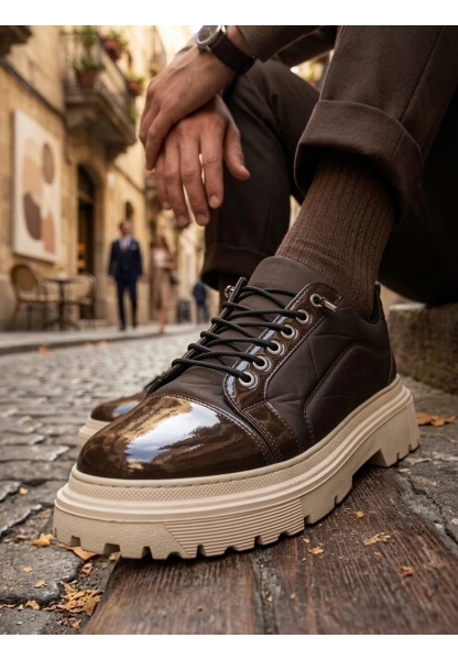 BA0245 Kahverengi Rugan Paraşüt Detaylı Akıllı Lastik Bağcık Yüksek Bej Taban Günlük Erkek Ayakkabı