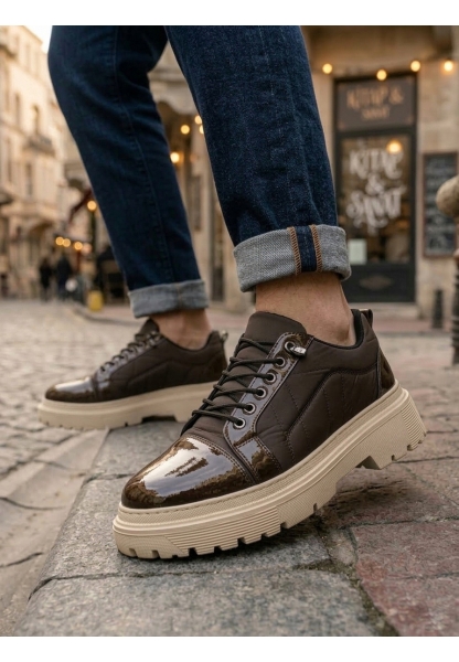 BA0245 Kahverengi Rugan Paraşüt Detaylı Akıllı Lastik Bağcık Yüksek Bej Taban Günlük Erkek Ayakkabı