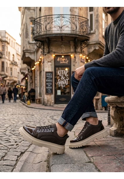 BA0245 Kahverengi Rugan Paraşüt Detaylı Akıllı Lastik Bağcık Yüksek Bej Taban Günlük Erkek Ayakkabı