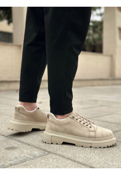 BA0245 Krem Süet Akıllı Lastik Bağcık Yüksek Taban Günlük Erkek Ayakkabı