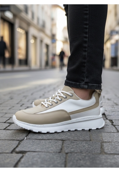 BA0246 Krem Bağcıklı Yüksek Beyaz Taban Günlük Erkek Ayakkabı