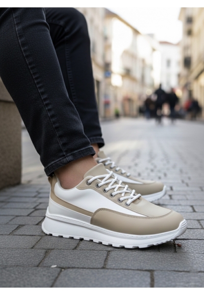 BA0246 Krem Bağcıklı Yüksek Beyaz Taban Günlük Erkek Ayakkabı